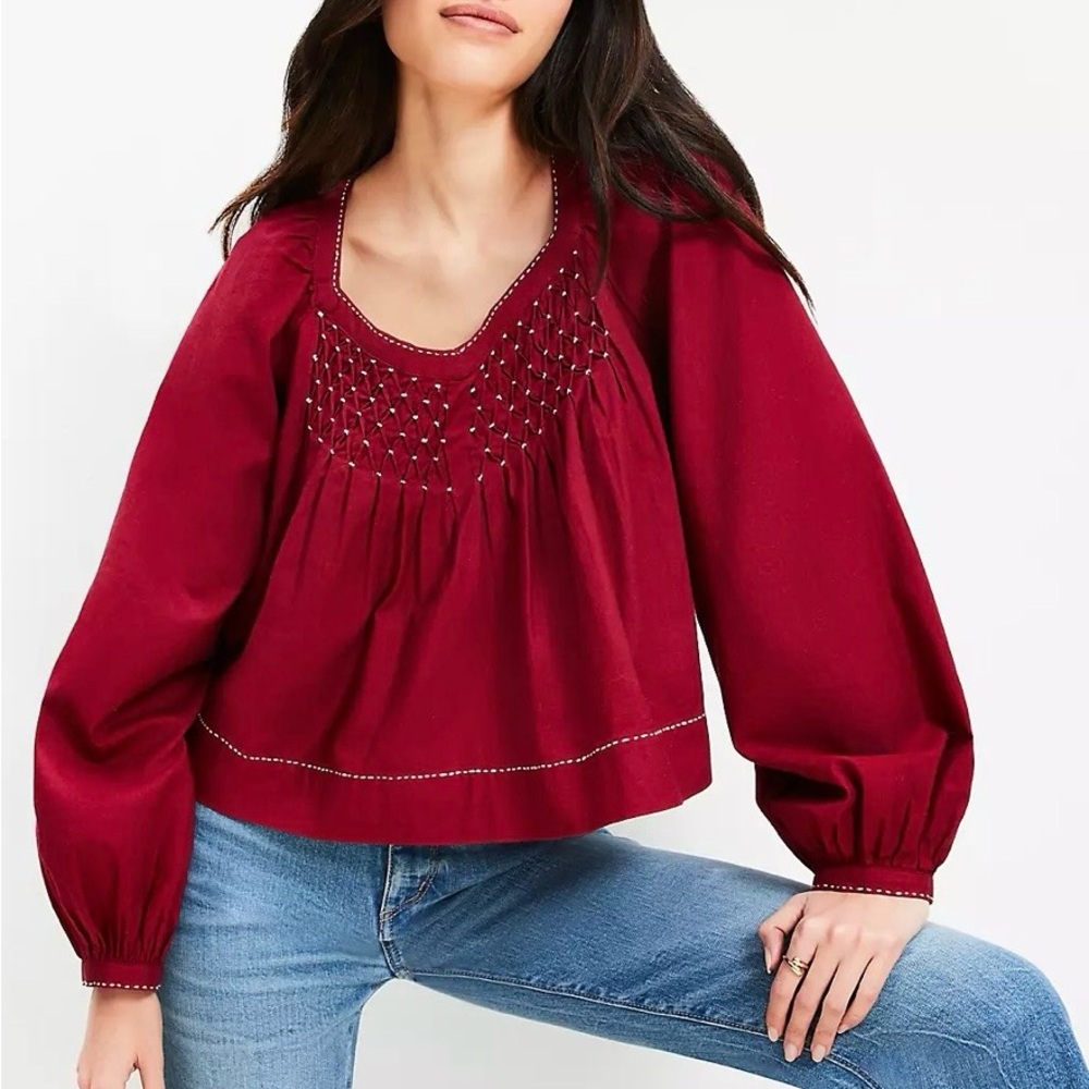 LOFT Cranberry Blouse with Embroidered Details